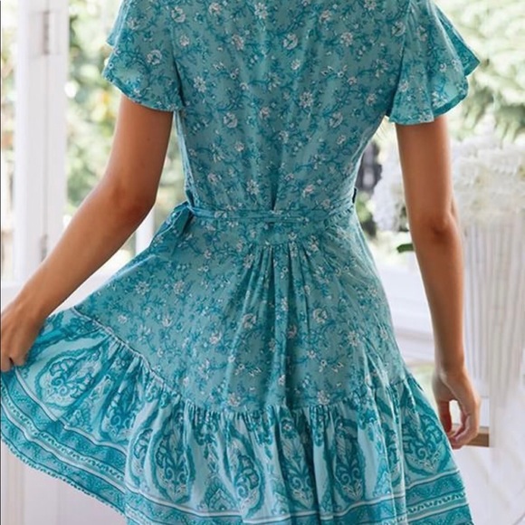 Aquamarine Floral Ruffle Wrap Dress Mini - Picture 5 of 5